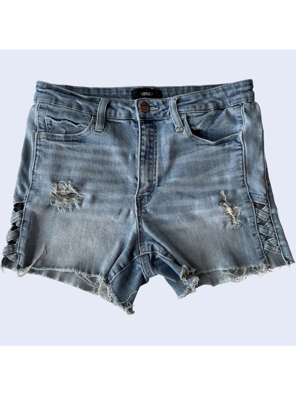Vervet Womens Denim Shorts Light Blue Wash Distressed Lace Up